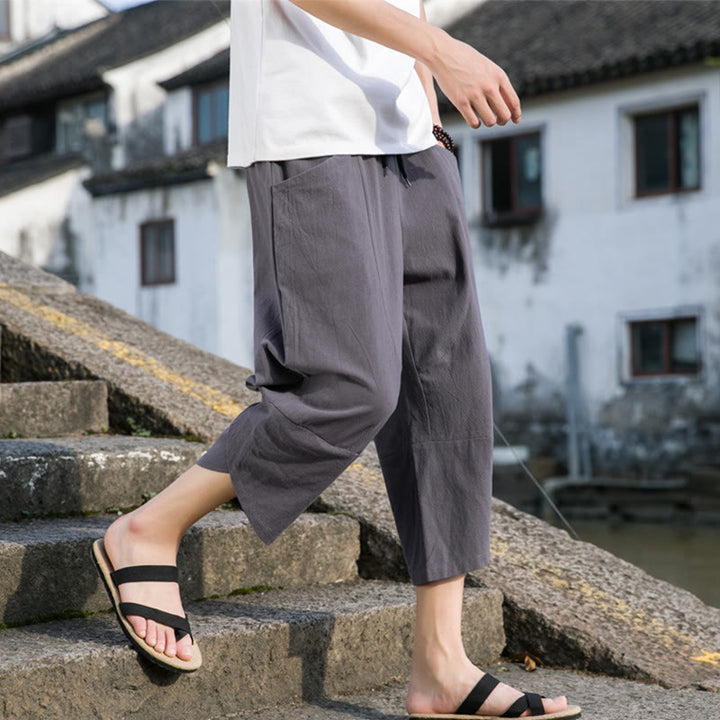 Buddha Stones Summer Casual Simple Plain Tapered Design Drawstring Men's  7-8 Length Cotton Linen Pants With Pockets - image 10