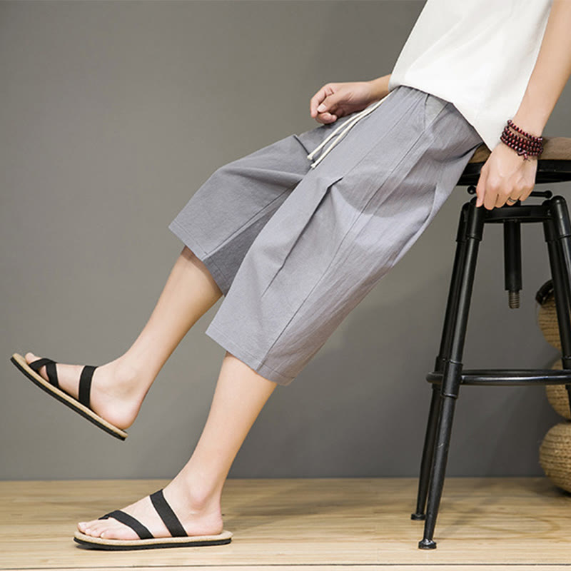 Buddha Stones Casual Summer Drawstring Solid Color Cropped Cotton Linen Men's Harem Pants With Pockets - DarkGray - US/UK/AU46,EU56 (5XL) - image 18