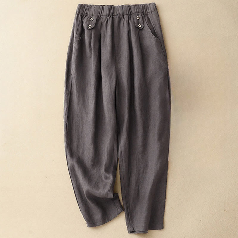 Buddha Stones Summer Plain Casual 7-8 Length Buttons Women's Cotton Linen Harem Pants With Pockets - SlateGray - US8-10,UK/AU12-14,EU40-42 (2XL) - image 5