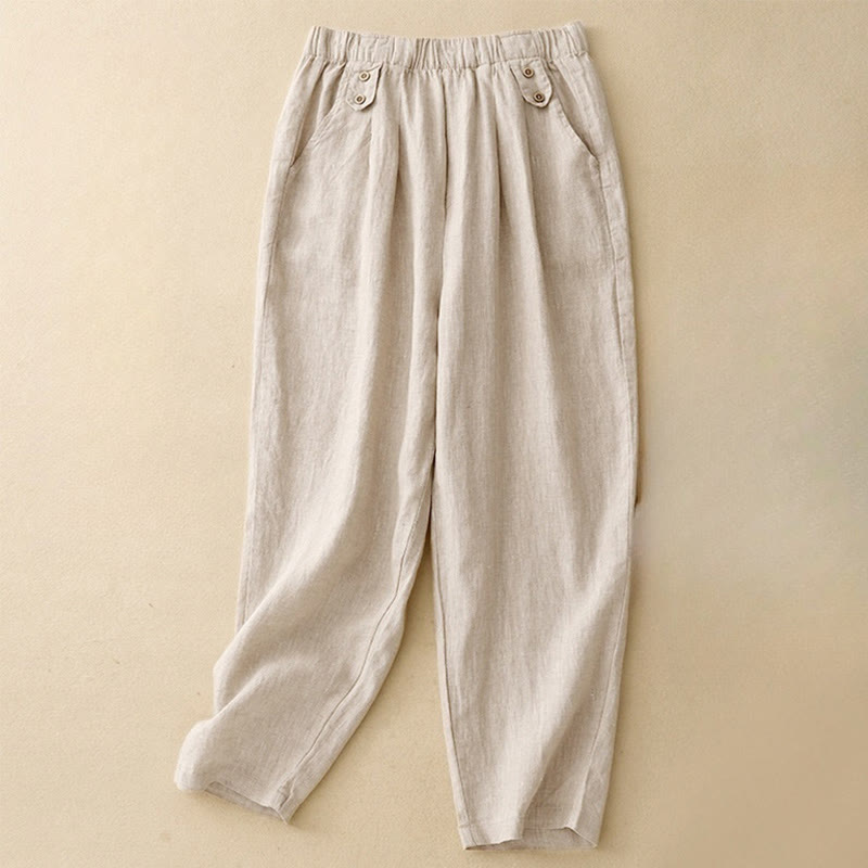 Buddha Stones Summer Plain Casual 7-8 Length Buttons Women's Cotton Linen Harem Pants With Pockets - Beige - US8-10,UK/AU12-14,EU40-42 (2XL) - image 10