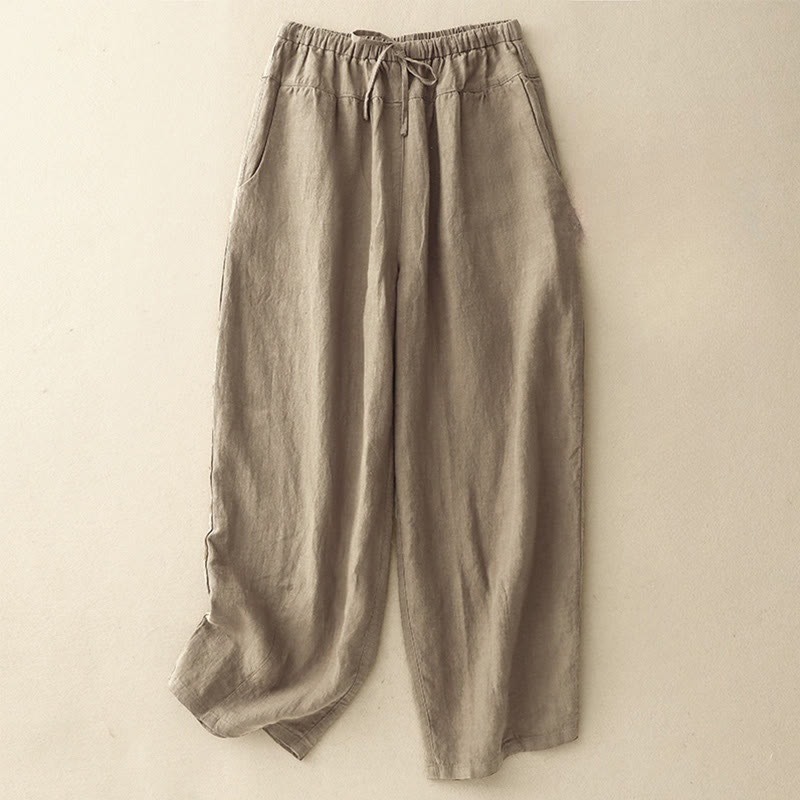 Buddha Stones Summer Plain Casual 7-8 Length Lace-up Women's Cotton Linen Harem Pants With Pockets - Tan - US8-10,UK/AU12-14,EU40-42 (2XL) - image 0