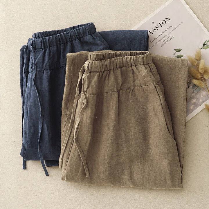 Buddha Stones Summer Plain Casual 7-8 Length Lace-up Women's Cotton Linen Harem Pants With Pockets - image 19