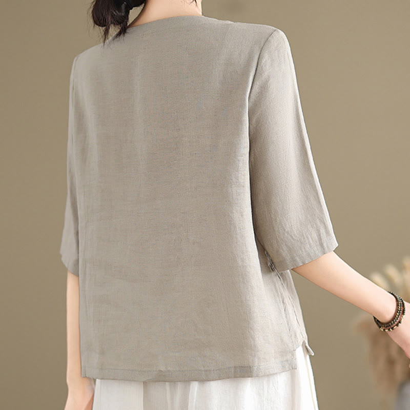 Buddha Stones Casual Women's Embroidered Flower Pattern Frog-Button Crew Neck Design Half Sleeve Cotton Linen Shirt - image 2