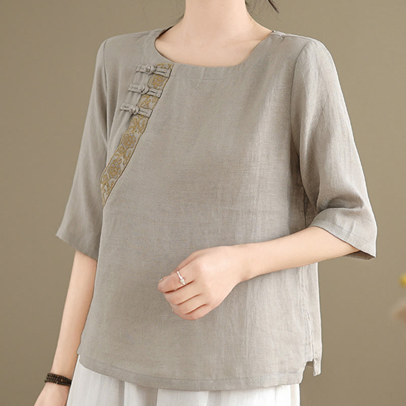 Buddha Stones Casual Women's Embroidered Flower Pattern Frog-Button Crew Neck Design Half Sleeve Cotton Linen Shirt - image 5