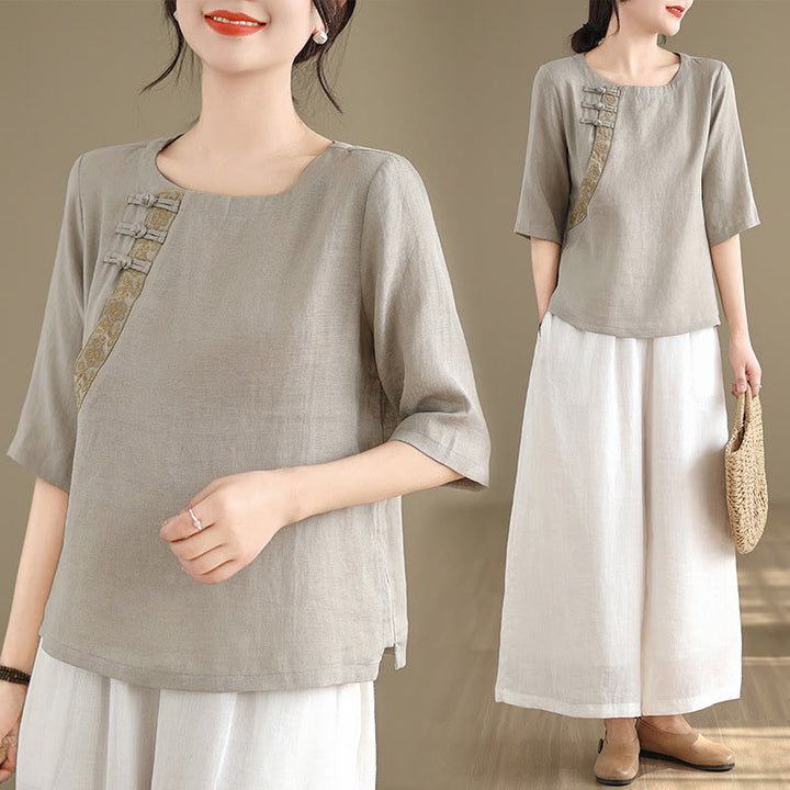 Buddha Stones Casual Women's Embroidered Flower Pattern Frog-Button Crew Neck Design Half Sleeve Cotton Linen Shirt - image 6