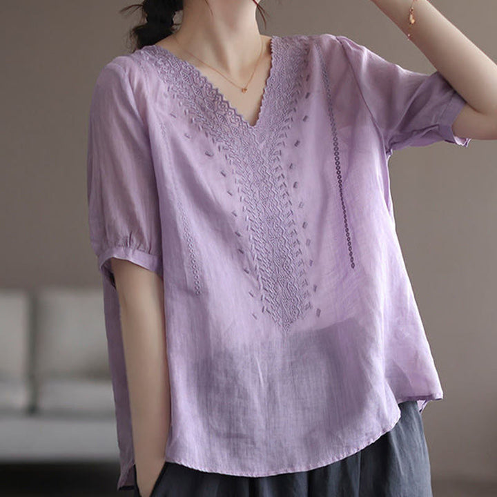 Buddha Stones Summer Casual Embroidered Pattern Women's V-Neck Design Half Sleeve Cotton Linen T-shirt - Plum - US8-10,UK/AU12-14,EU40-42 (2XL) - image 0