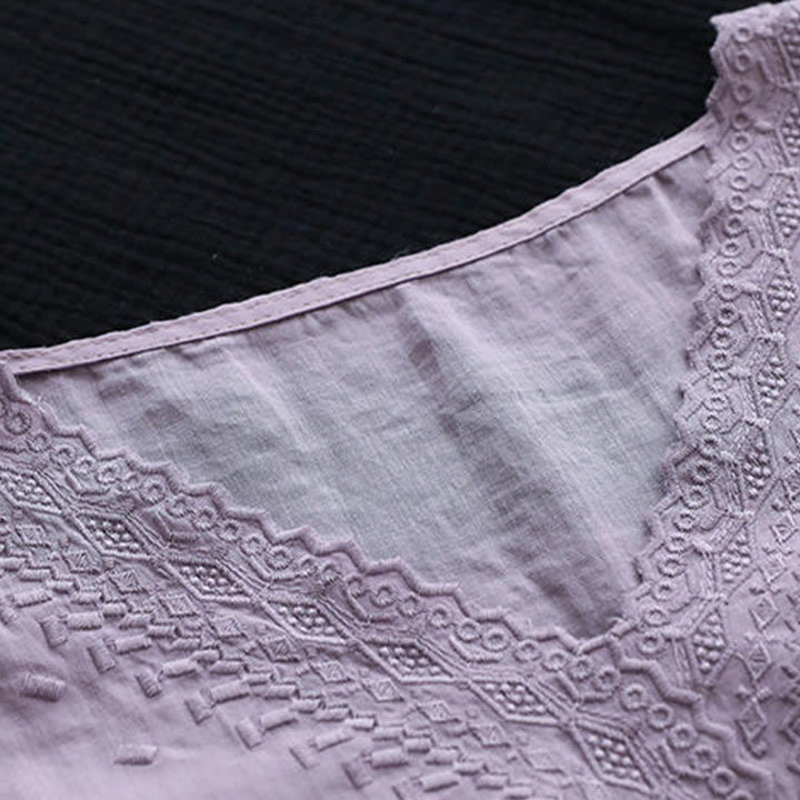 Buddha Stones Summer Casual Embroidered Pattern Women's V-Neck Design Half Sleeve Cotton Linen T-shirt - image 2