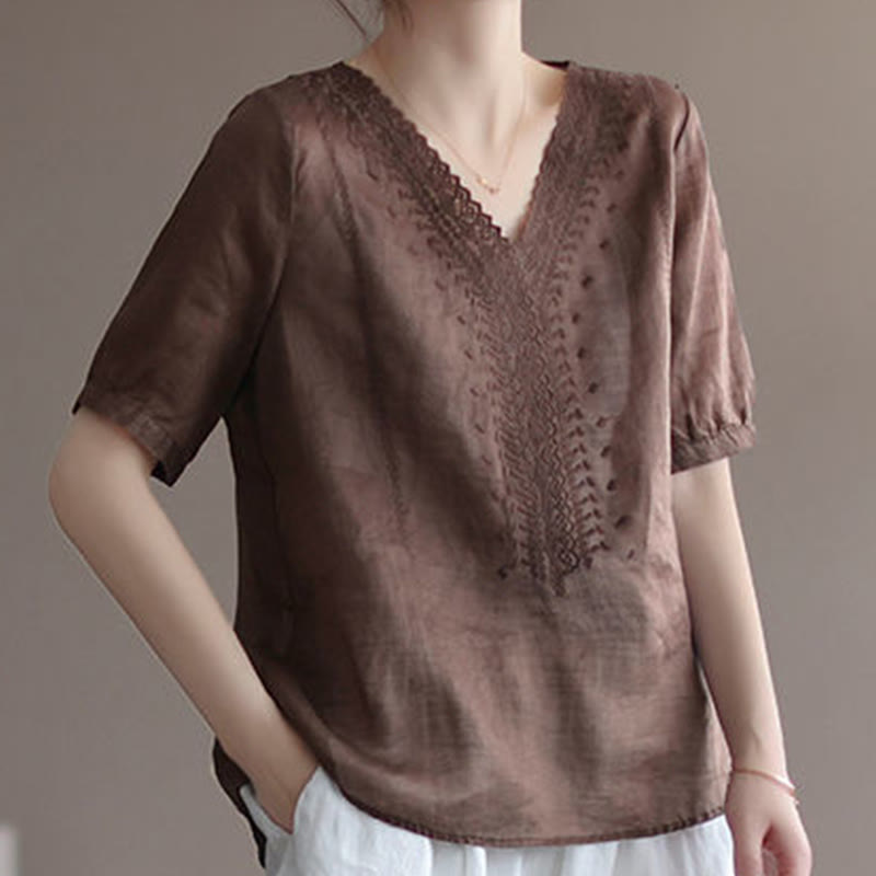 Buddha Stones Summer Casual Embroidered Pattern Women's V-Neck Design Half Sleeve Cotton Linen T-shirt - image 7