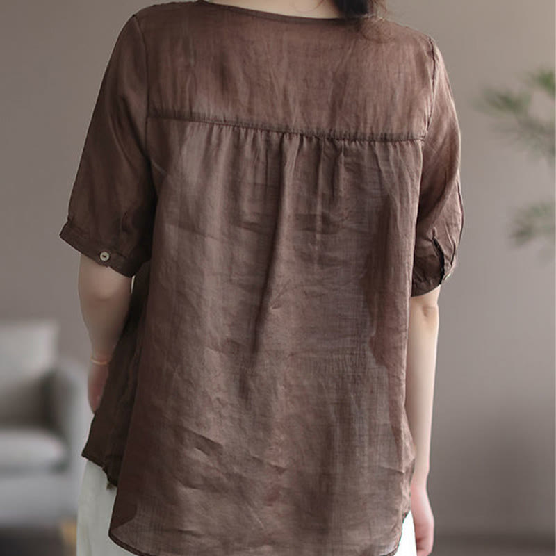 Buddha Stones Summer Casual Embroidered Pattern Women's V-Neck Design Half Sleeve Cotton Linen T-shirt - image 9