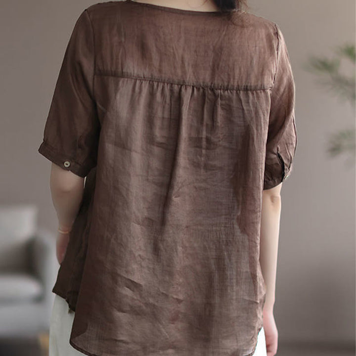 Buddha Stones Summer Casual Embroidered Pattern Women's V-Neck Design Half Sleeve Cotton Linen T-shirt - image 9