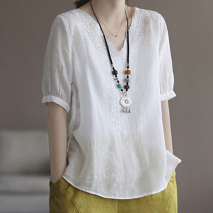 Buddha Stones Summer Casual Embroidered Pattern Women's V-Neck Design Half Sleeve Cotton Linen T-shirt - White - US8-10,UK/AU12-14,EU40-42 (2XL) - image 10