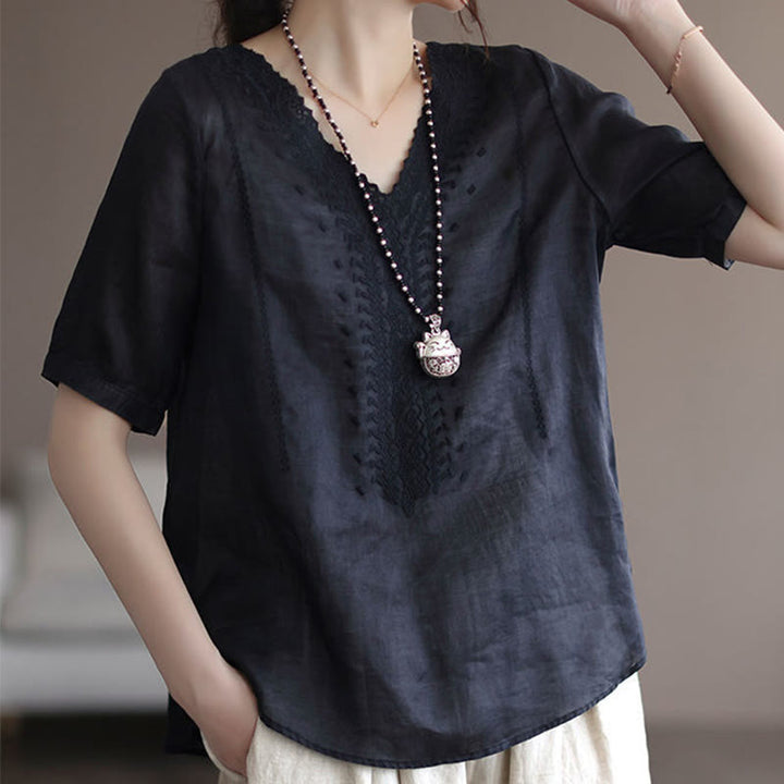 Buddha Stones Summer Casual Embroidered Pattern Women's V-Neck Design Half Sleeve Cotton Linen T-shirt - image 13