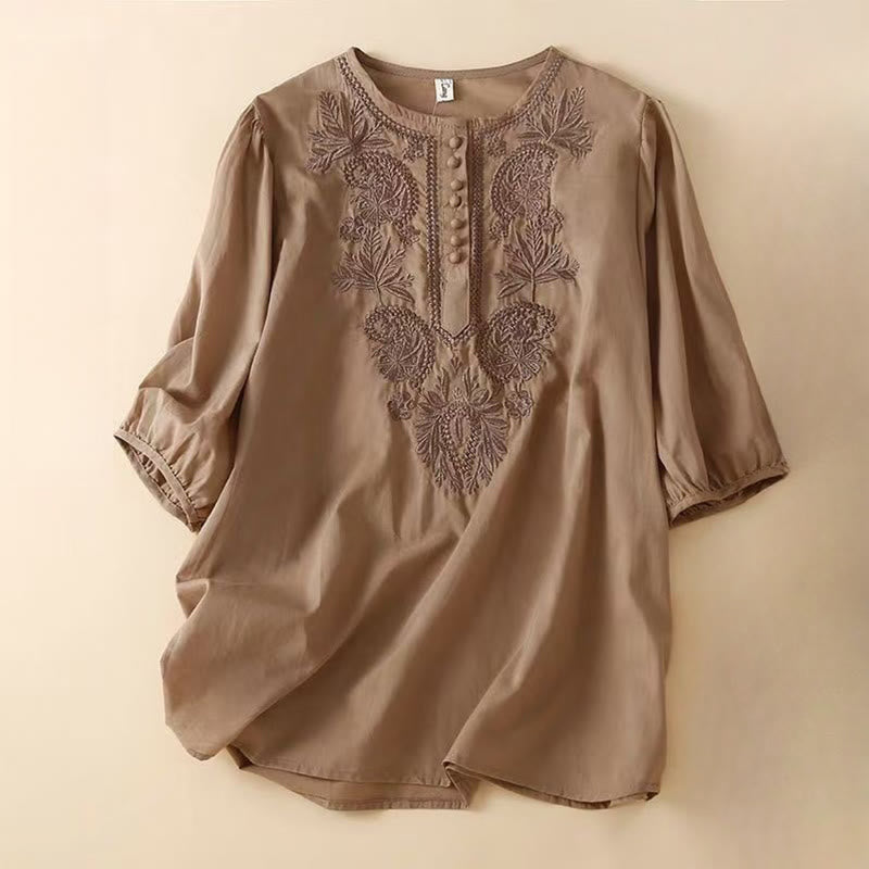 Buddha Stones Casual Women's Embroidered Flower Pattern Crew Neck Design Half Sleeve Cotton Linen Shirt - SaddleBrown - US8-10,UK/AU12-14,EU40-42 (2XL) - image 0