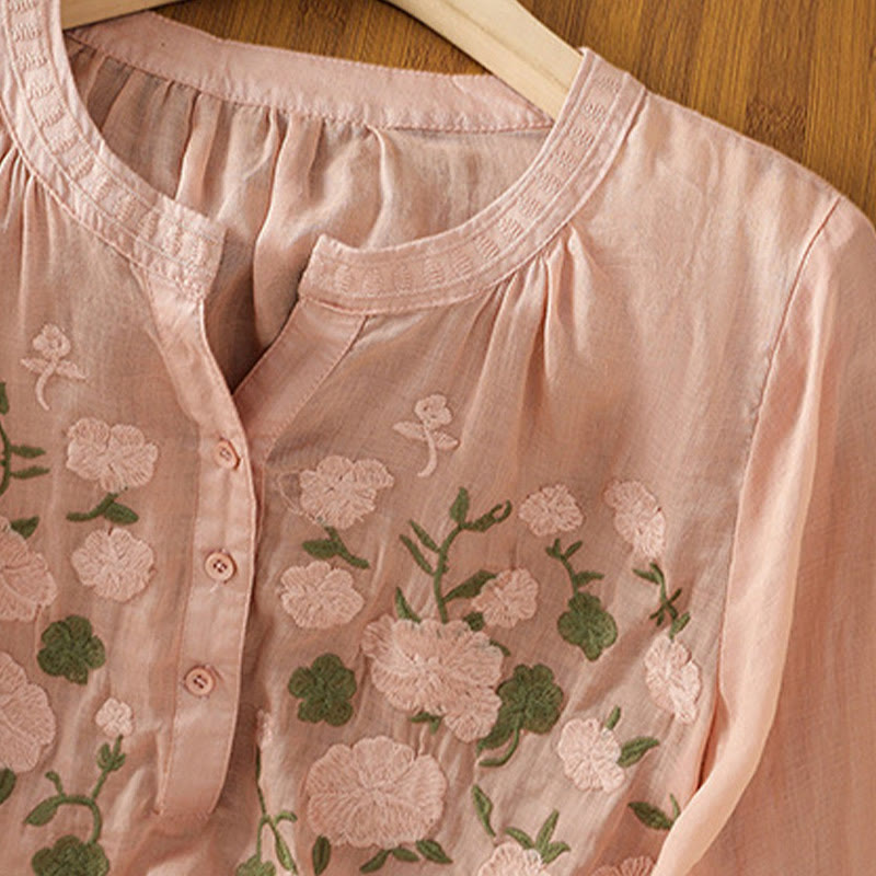 Buddha Stones Casual Women's Flowers Green Leaves Embroidery Pattern V-Neck Design Half Sleeve Cotton Linen Shirt - image 2