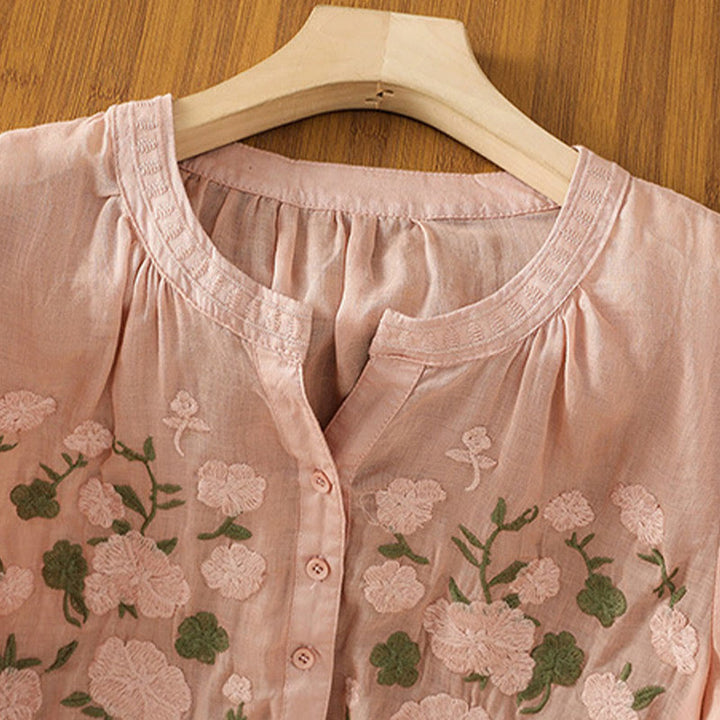 Buddha Stones Casual Women's Flowers Green Leaves Embroidery Pattern V-Neck Design Half Sleeve Cotton Linen Shirt - image 7