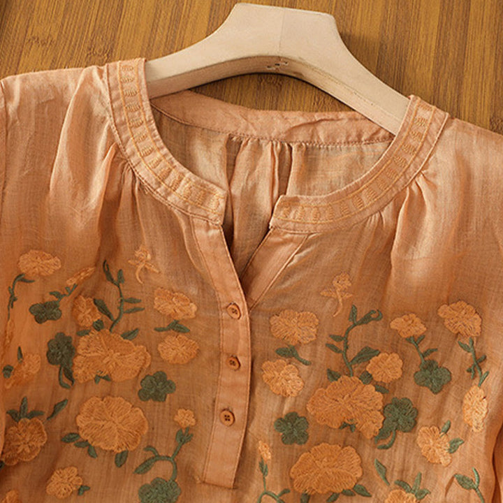 Buddha Stones Casual Women's Flowers Green Leaves Embroidery Pattern V-Neck Design Half Sleeve Cotton Linen Shirt - image 22