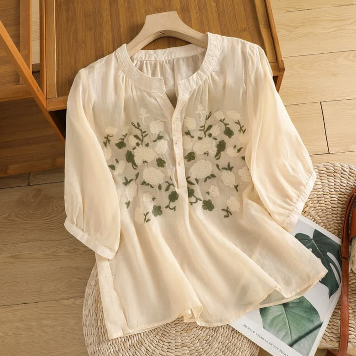 Buddha Stones Casual Women's Flowers Green Leaves Embroidery Pattern V-Neck Design Half Sleeve Cotton Linen Shirt - PapayaWhip - US8-10,UK/AU12-14,EU40-42 (2XL) - image 9