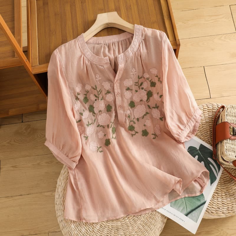 Buddha Stones Casual Women's Flowers Green Leaves Embroidery Pattern V-Neck Design Half Sleeve Cotton Linen Shirt - Pink - US8-10,UK/AU12-14,EU40-42 (2XL) - image 0