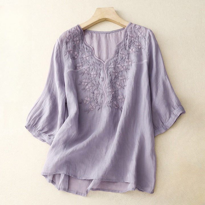 Buddha Stones Summer Casual Embroidered Flowers Women's V-neck Design Half Sleeve Acrylic T-shirt - Plum - US8-10,UK/AU12-14,EU40-42 (2XL) - image 0