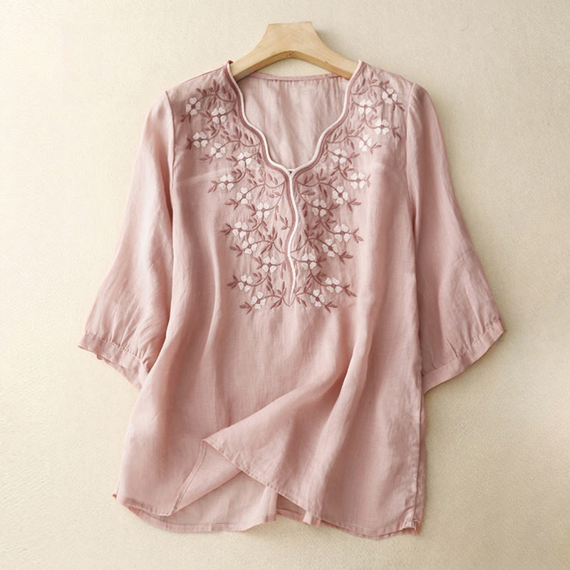 Buddha Stones Summer Casual Embroidered Flowers Women's V-neck Design Half Sleeve Acrylic T-shirt - Pink - US8-10,UK/AU12-14,EU40-42 (2XL) - image 6