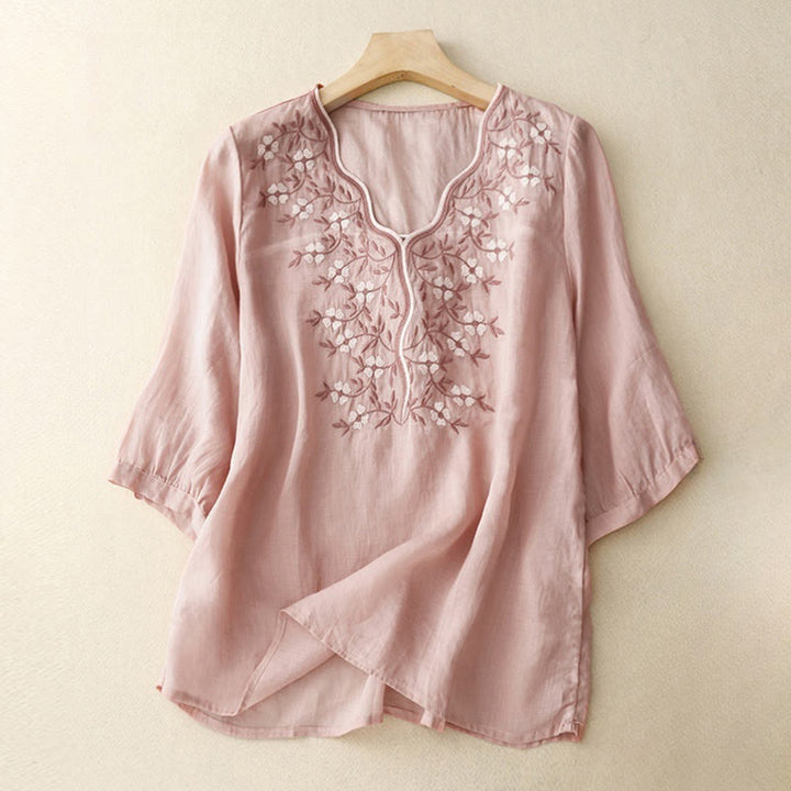 Buddha Stones Summer Casual Embroidered Flowers Women's V-neck Design Half Sleeve Acrylic T-shirt - Pink - US8-10,UK/AU12-14,EU40-42 (2XL) - image 6