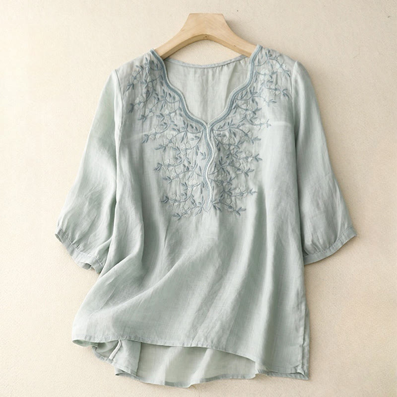 Buddha Stones Summer Casual Embroidered Flowers Women's V-neck Design Half Sleeve Acrylic T-shirt - PowderBlue - US8-10,UK/AU12-14,EU40-42 (2XL) - image 12