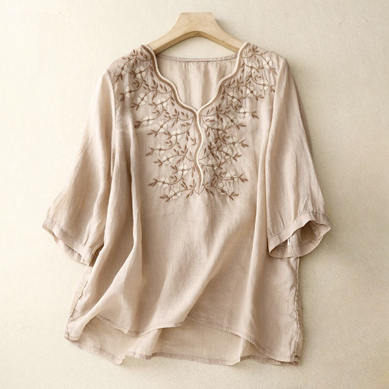 Buddha Stones Summer Casual Embroidered Flowers Women's V-neck Design Half Sleeve Acrylic T-shirt - Bisque - US8-10,UK/AU12-14,EU40-42 (2XL) - image 18