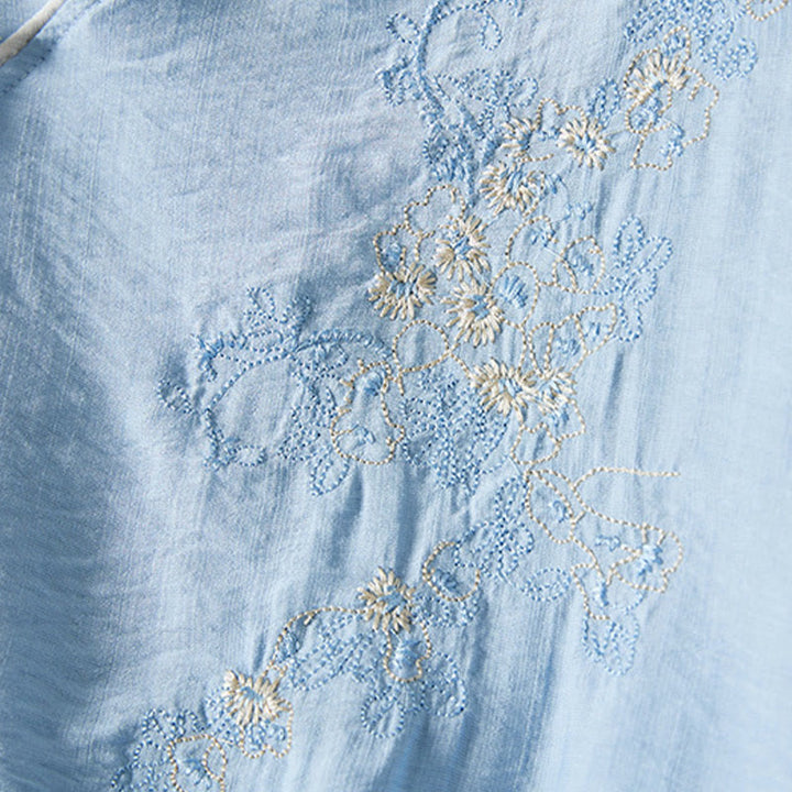 Buddha Stones Casual Women's Flowers Embroidery Pattern Frog-button Slanted Collar Design Three Quarter Sleeve Cotton Linen Shirt - image 17