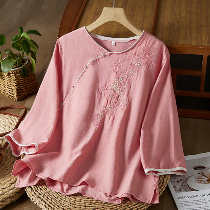 Buddha Stones Casual Women's Flowers Embroidery Pattern Frog-button Slanted Collar Design Three Quarter Sleeve Cotton Linen Shirt - LightPink - US12,UK/AU16,EU44 (3XL) - image 18