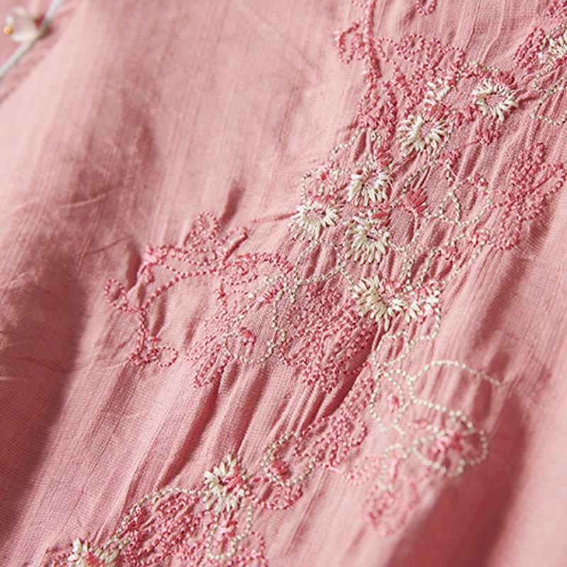 Buddha Stones Casual Women's Flowers Embroidery Pattern Frog-button Slanted Collar Design Three Quarter Sleeve Cotton Linen Shirt - image 23