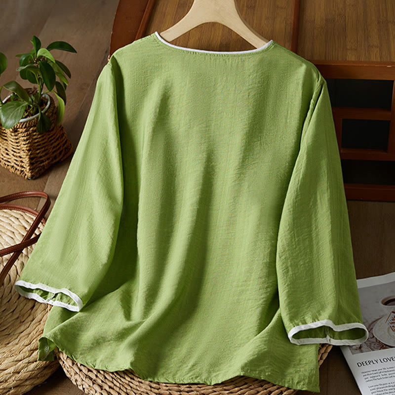 Buddha Stones Casual Women's Flowers Embroidery Pattern Frog-button Slanted Collar Design Three Quarter Sleeve Cotton Linen Shirt - image 26