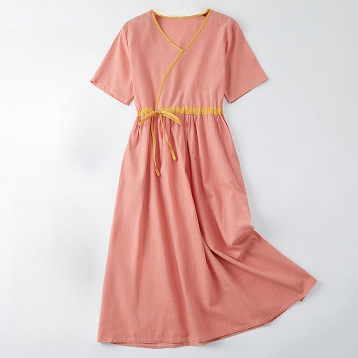 Buddha Stones Summer Casual Stitching Color Lace-up Design V-Neck Short Sleeve Midi Dress - LightCoral - US8-10,UK/AU12-14,EU40-42 (2XL) - image 0