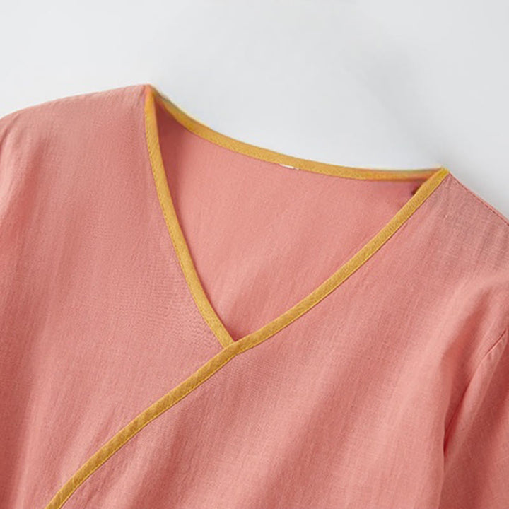 Buddha Stones Summer Casual Stitching Color Lace-up Design V-Neck Short Sleeve Midi Dress - image 2