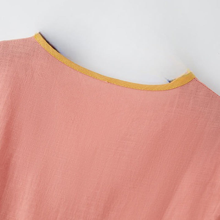 Buddha Stones Summer Casual Stitching Color Lace-up Design V-Neck Short Sleeve Midi Dress - image 3