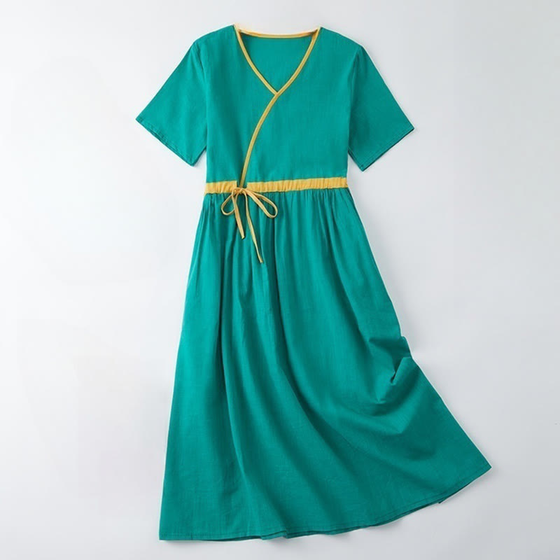 Buddha Stones Summer Casual Stitching Color Lace-up Design V-Neck Short Sleeve Midi Dress - LightSeaGreen - US8-10,UK/AU12-14,EU40-42 (2XL) - image 9