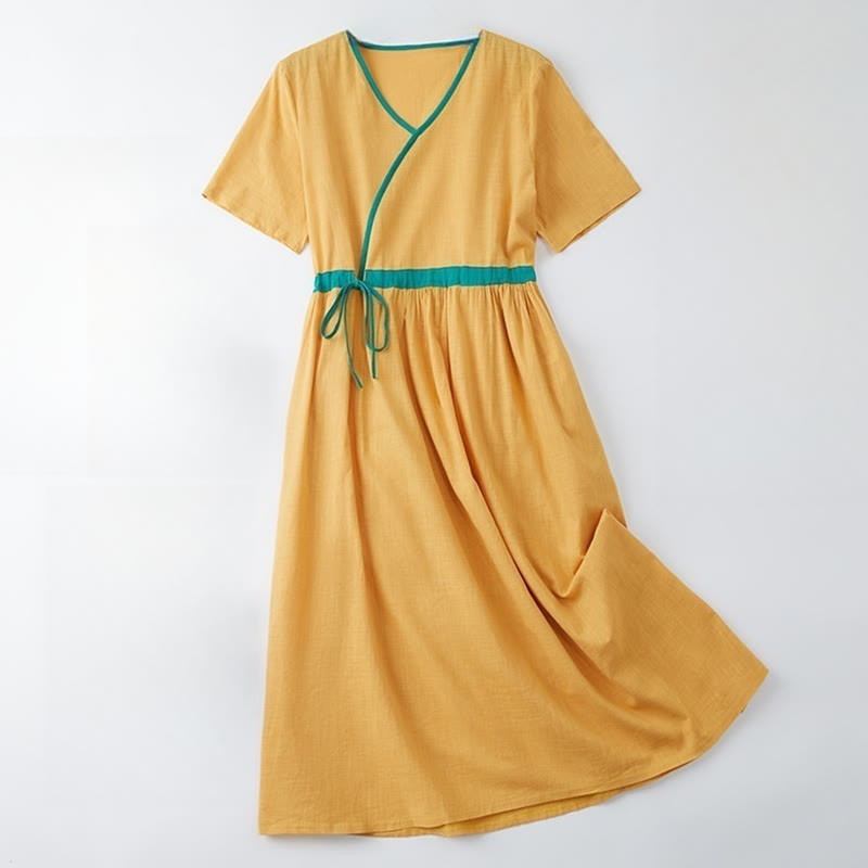 Buddha Stones Summer Casual Stitching Color Lace-up Design V-Neck Short Sleeve Midi Dress - Goldenrod - US8-10,UK/AU12-14,EU40-42 (2XL) - image 12