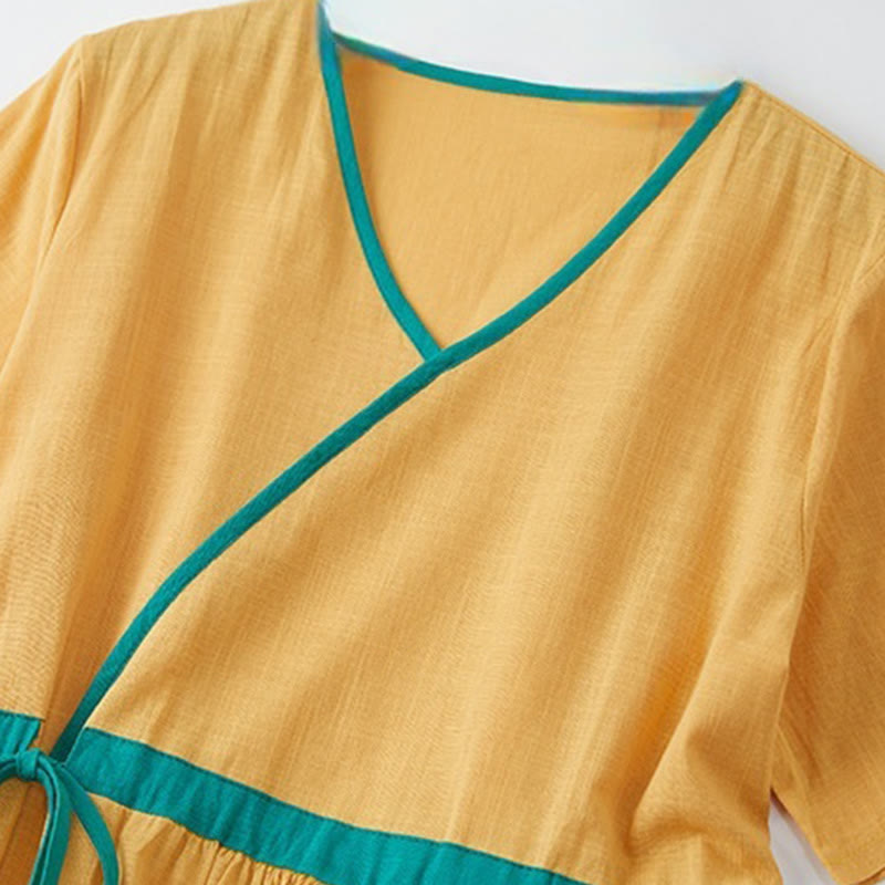 Buddha Stones Summer Casual Stitching Color Lace-up Design V-Neck Short Sleeve Midi Dress - image 13