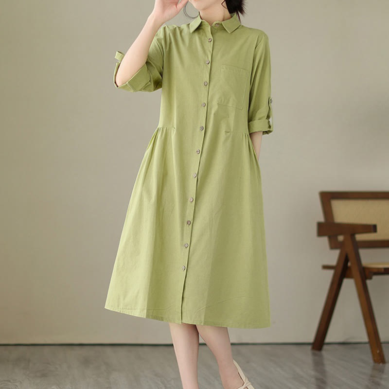 Buddha Stones Summer Casual Plain Buttons Stand Collar Design Three Quarter Sleeve Acrylic Cardigan Midi Dress With Pockets - YellowGreen - US8-10,UK/AU12-14,EU40-42 (2XL) - image 0