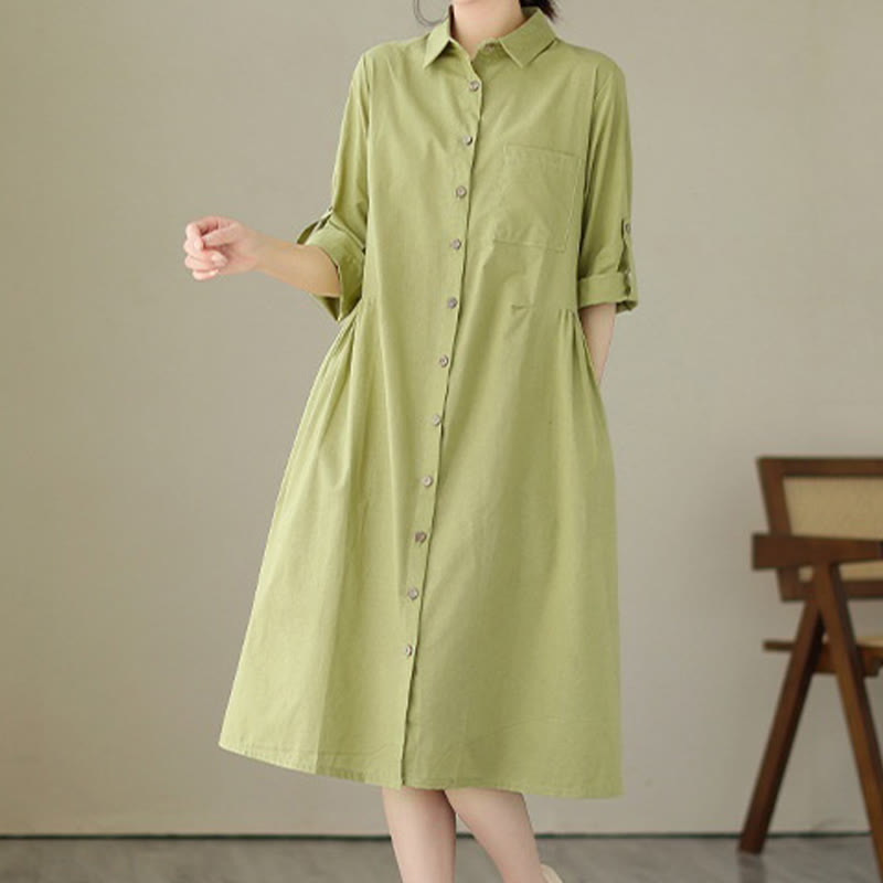 Buddha Stones Summer Casual Plain Buttons Stand Collar Design Three Quarter Sleeve Acrylic Cardigan Midi Dress With Pockets - image 1