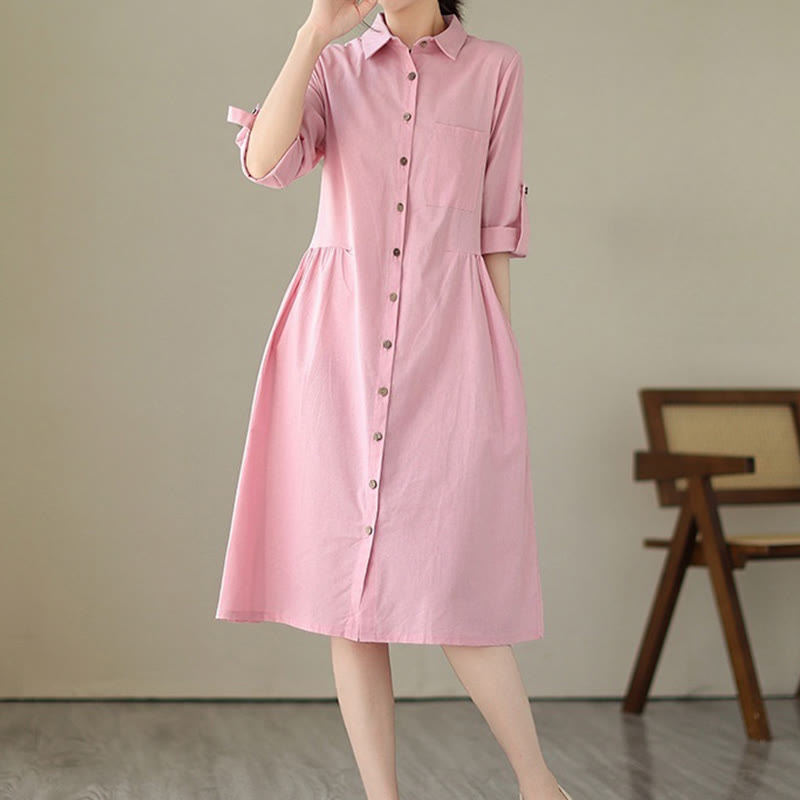Buddha Stones Summer Casual Plain Buttons Stand Collar Design Three Quarter Sleeve Acrylic Cardigan Midi Dress With Pockets - image 13