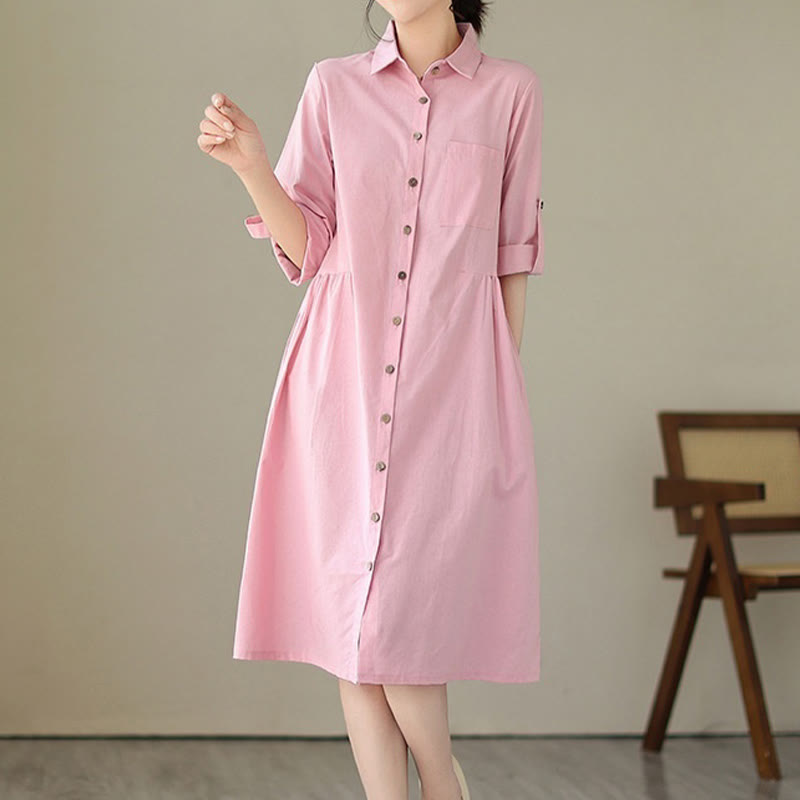Buddha Stones Summer Casual Plain Buttons Stand Collar Design Three Quarter Sleeve Acrylic Cardigan Midi Dress With Pockets - Pink - US8-10,UK/AU12-14,EU40-42 (2XL) - image 10