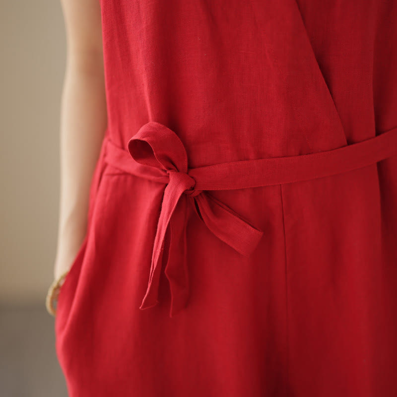 Buddha Stones Casual Lace-Up Simple Sleeveless Design Women's Cotton Linen Jumpsuit With Pockets - image 15