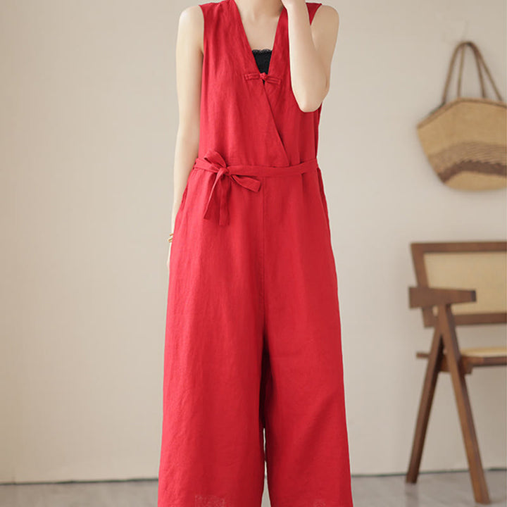 Buddha Stones Casual Lace-Up Simple Sleeveless Design Women's Cotton Linen Jumpsuit With Pockets - image 8