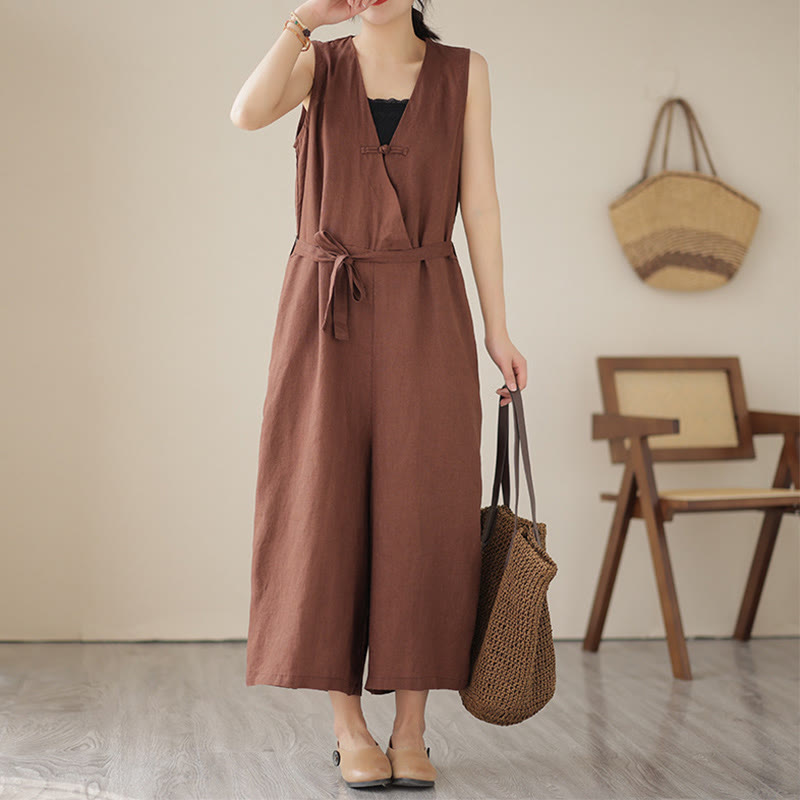 Buddha Stones Casual Lace-Up Simple Sleeveless Design Women's Cotton Linen Jumpsuit With Pockets - SaddleBrown - US14,UK/AU18,EU46 (2XL) - image 0