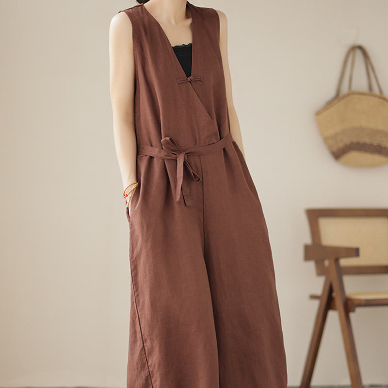 Buddha Stones Casual Lace-Up Simple Sleeveless Design Women's Cotton Linen Jumpsuit With Pockets - image 5