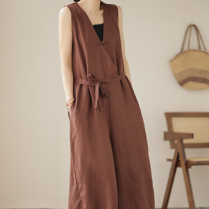 Buddha Stones Casual Lace-Up Simple Sleeveless Design Women's Cotton Linen Jumpsuit With Pockets - image 5