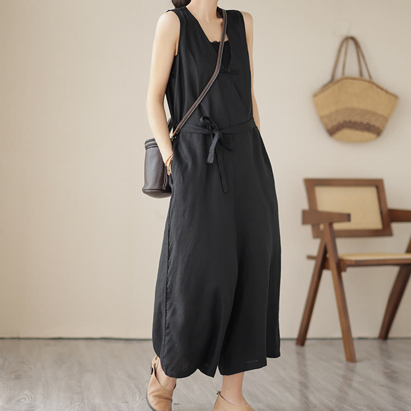 Buddha Stones Casual Lace-Up Simple Sleeveless Design Women's Cotton Linen Jumpsuit With Pockets - Black - US14,UK/AU18,EU46 (2XL) - image 16