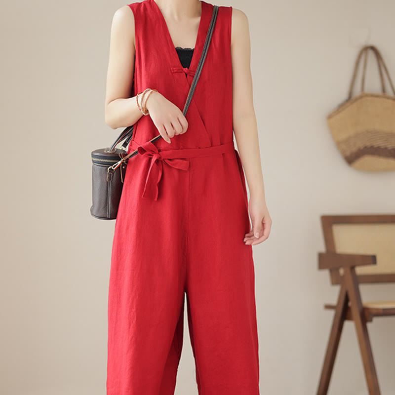 Buddha Stones Casual Lace-Up Simple Sleeveless Design Women's Cotton Linen Jumpsuit With Pockets - image 11