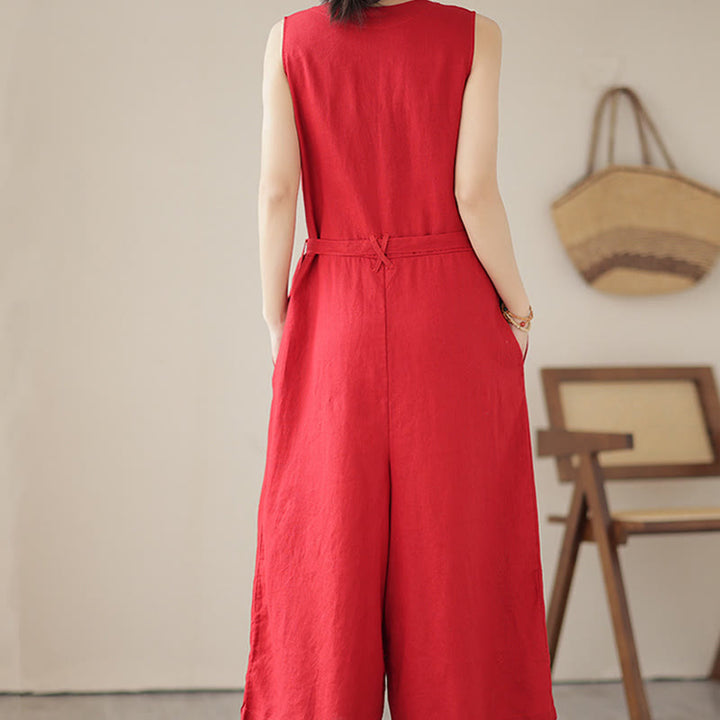 Buddha Stones Casual Lace-Up Simple Sleeveless Design Women's Cotton Linen Jumpsuit With Pockets - image 9