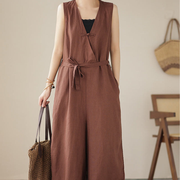 Buddha Stones Casual Lace-Up Simple Sleeveless Design Women's Cotton Linen Jumpsuit With Pockets - image 1